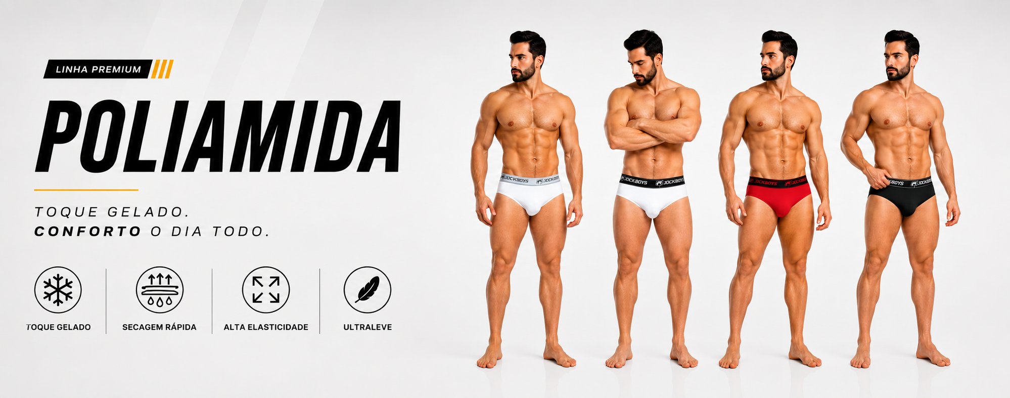Cuecas masculinas de poliamida Jock Boys nas cores branca, preta e vermelha com toque gelado e conforto para o dia todo.